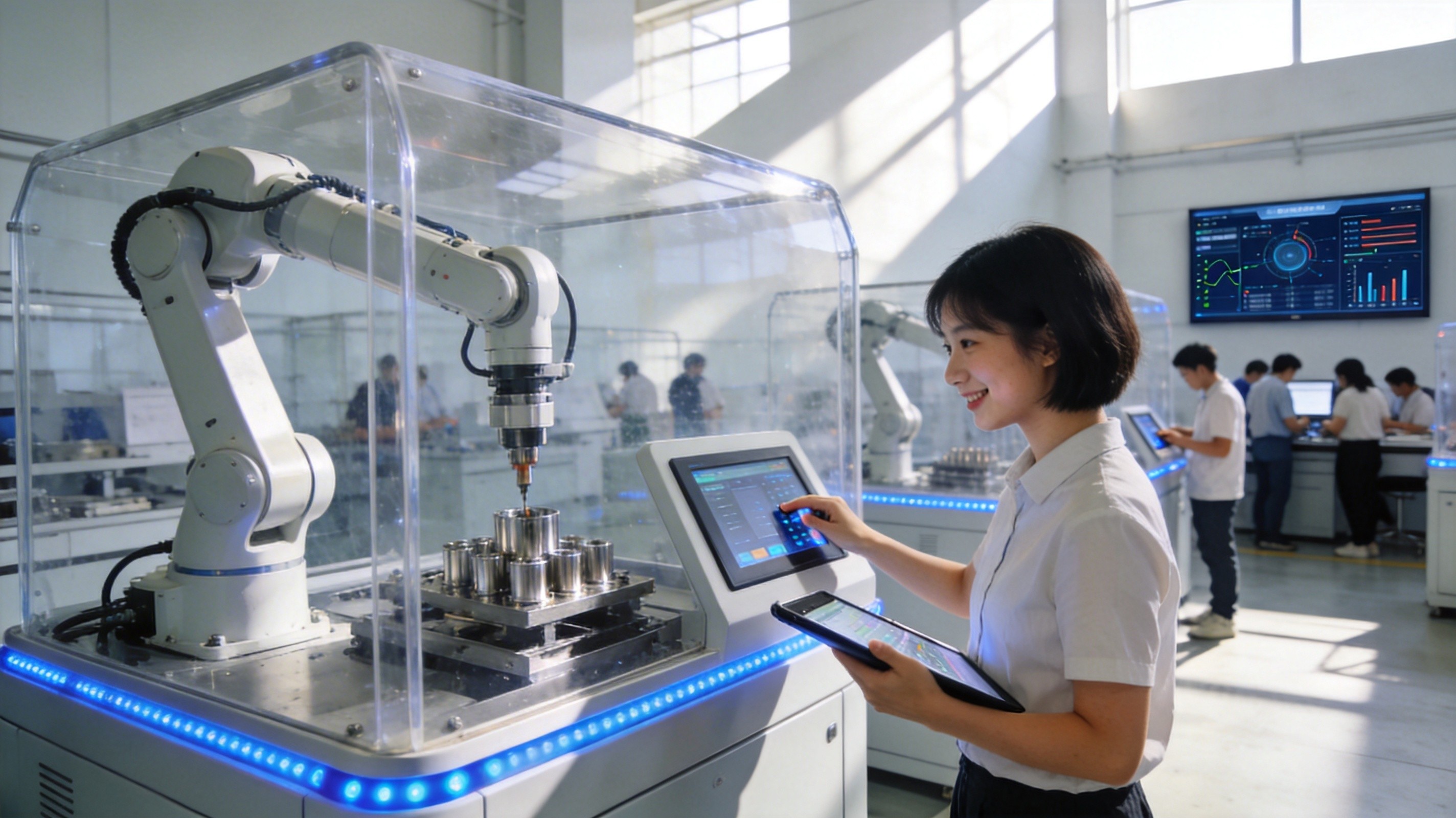 职业院校学生操作工业机械臂