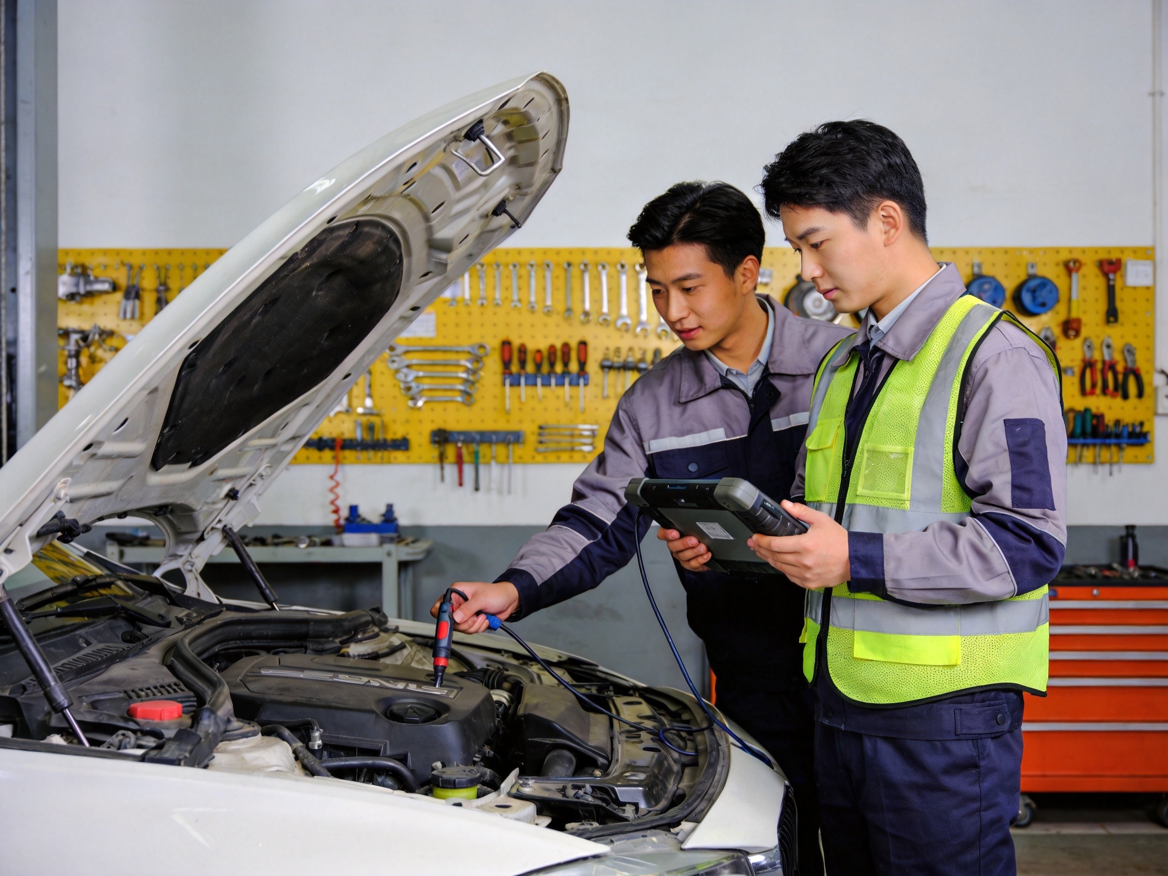 学生使用智能诊断设备检测汽车