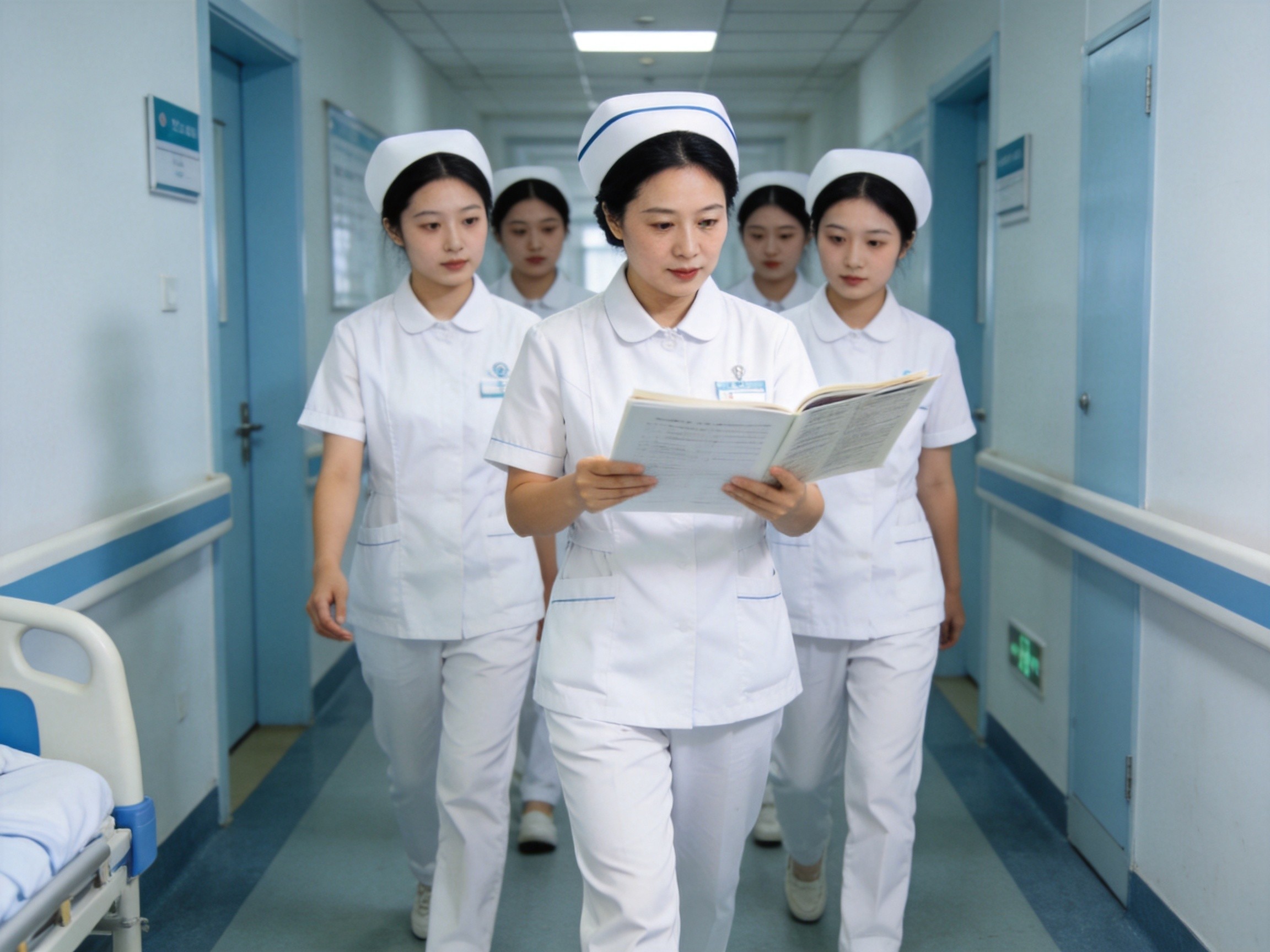 护理专业3+2贯通培养学生在医院实习跟随带教老师查房