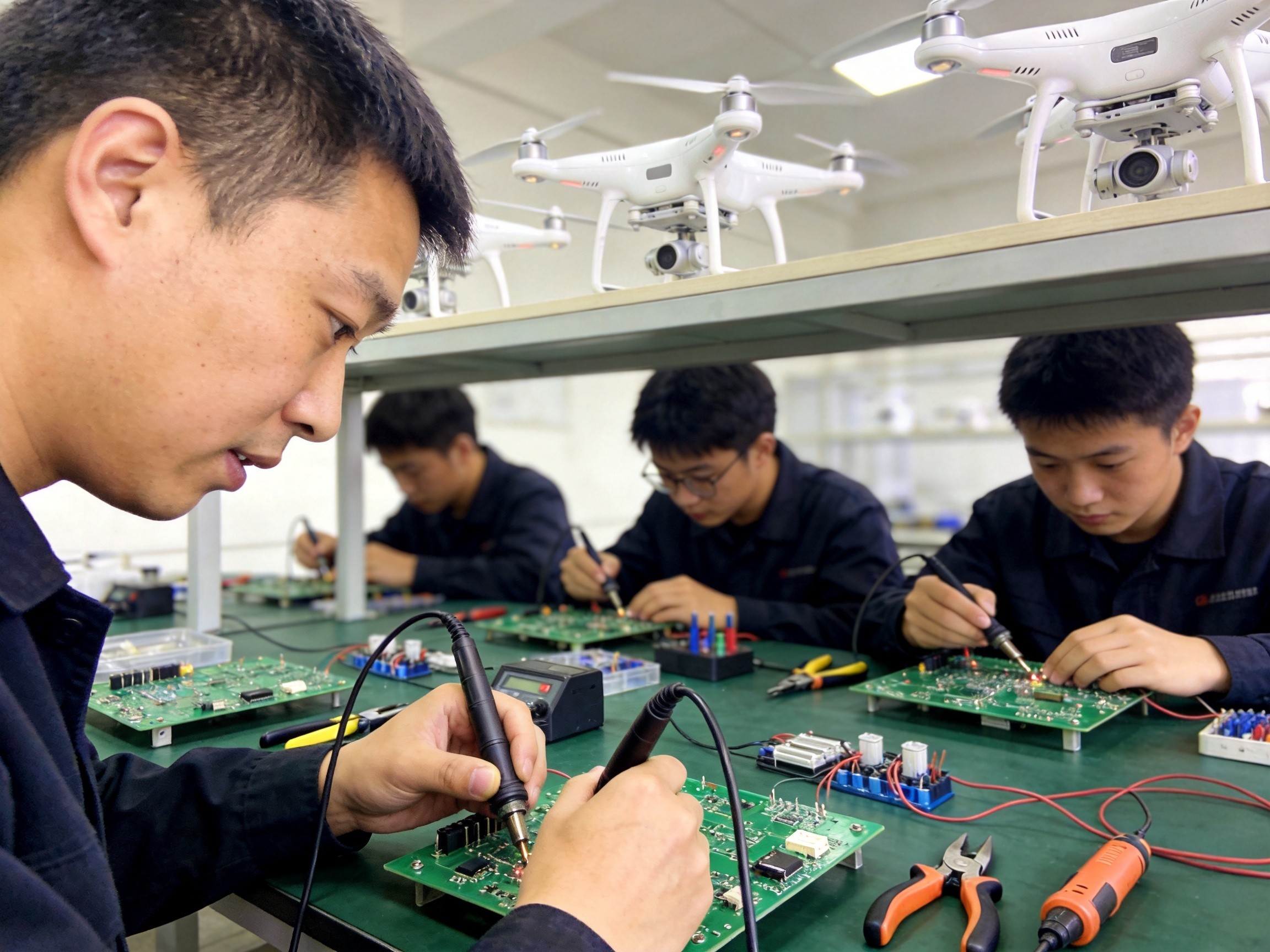 中职无人机专业学生在实训室学习无人机电路板组装
