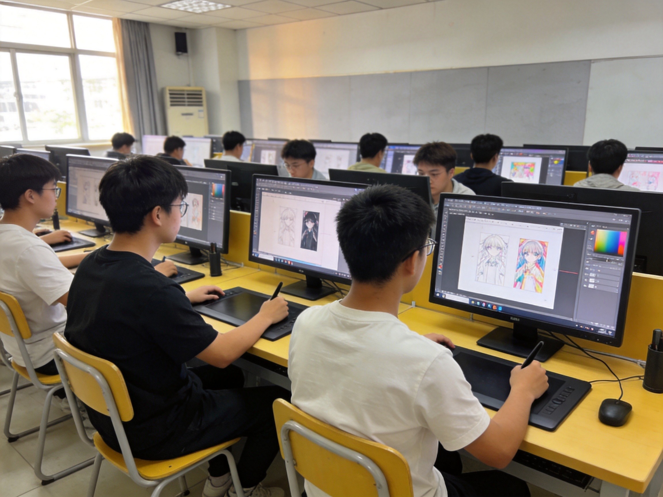 学生在数字媒体实训室操作电脑