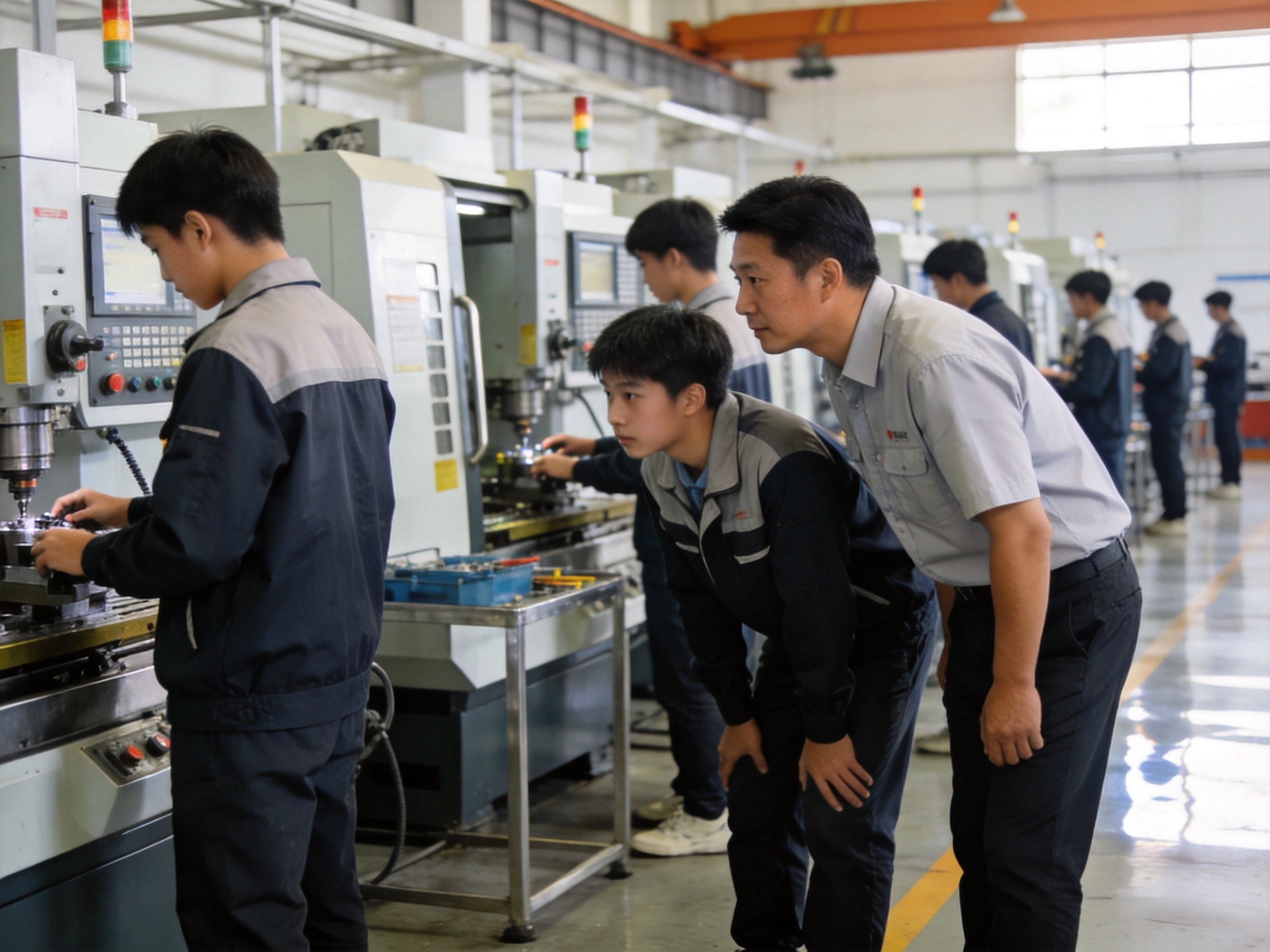 技校实训车间学生操作数控机床