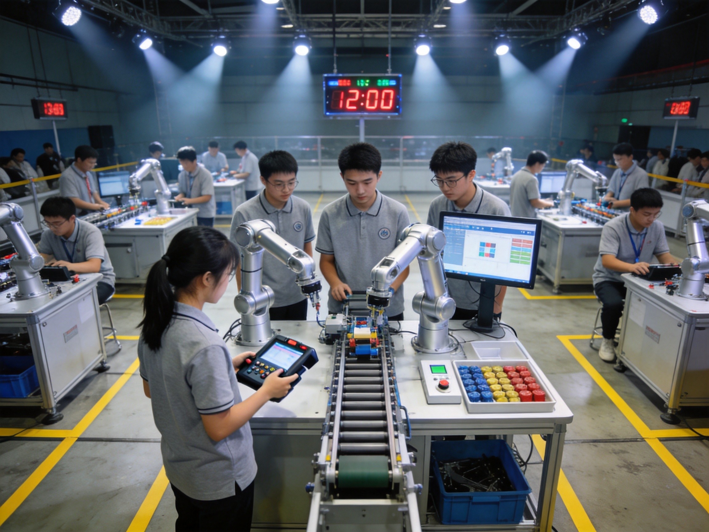 职业院校老师指导学生调试自动化设备