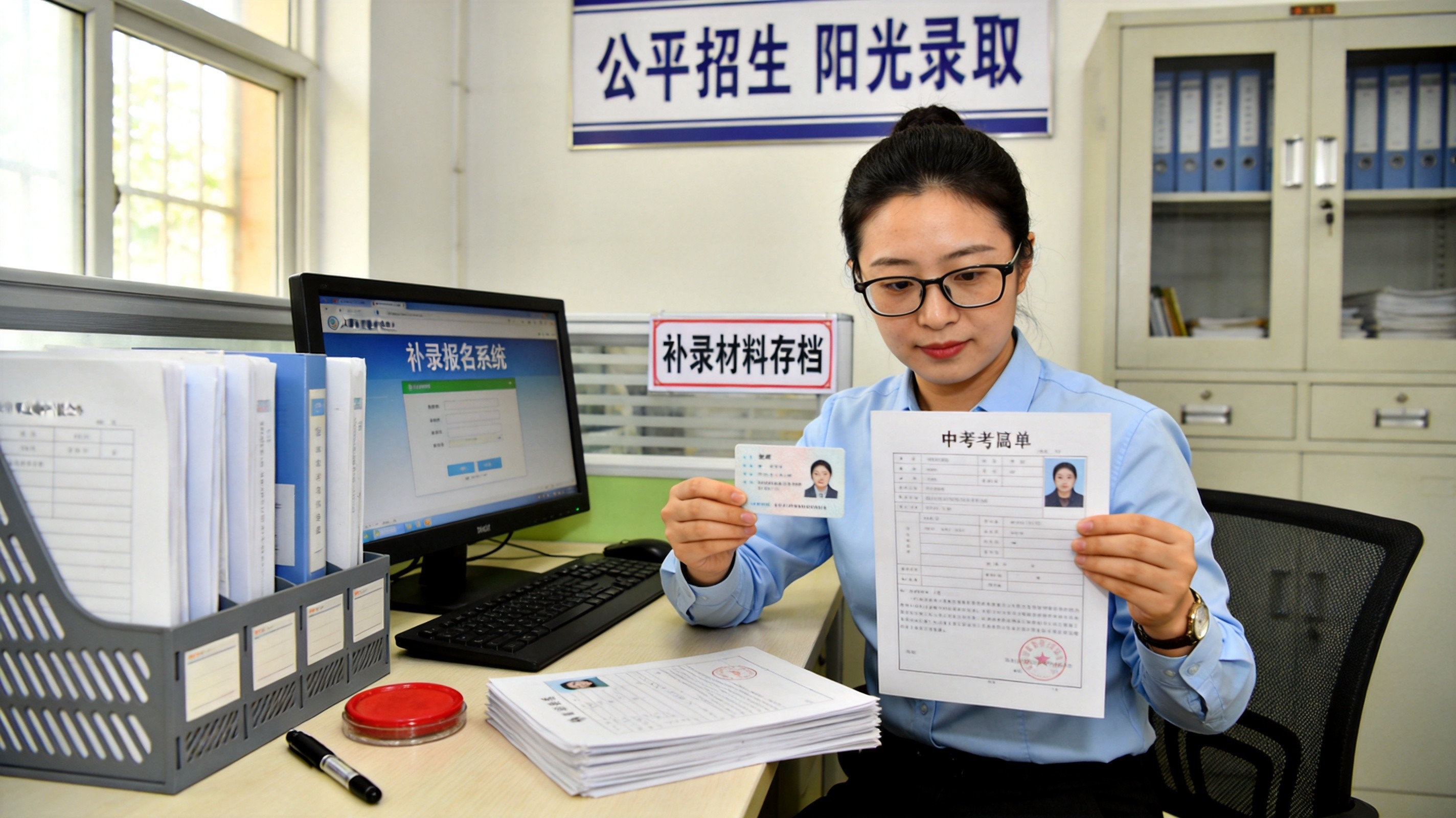 太原市职业高中招生办老师核对学生补录报名材料