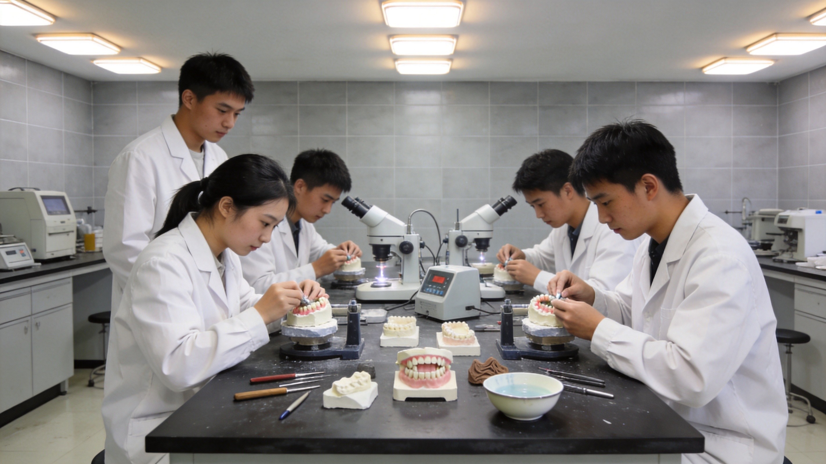 学生在口腔实训室操作
