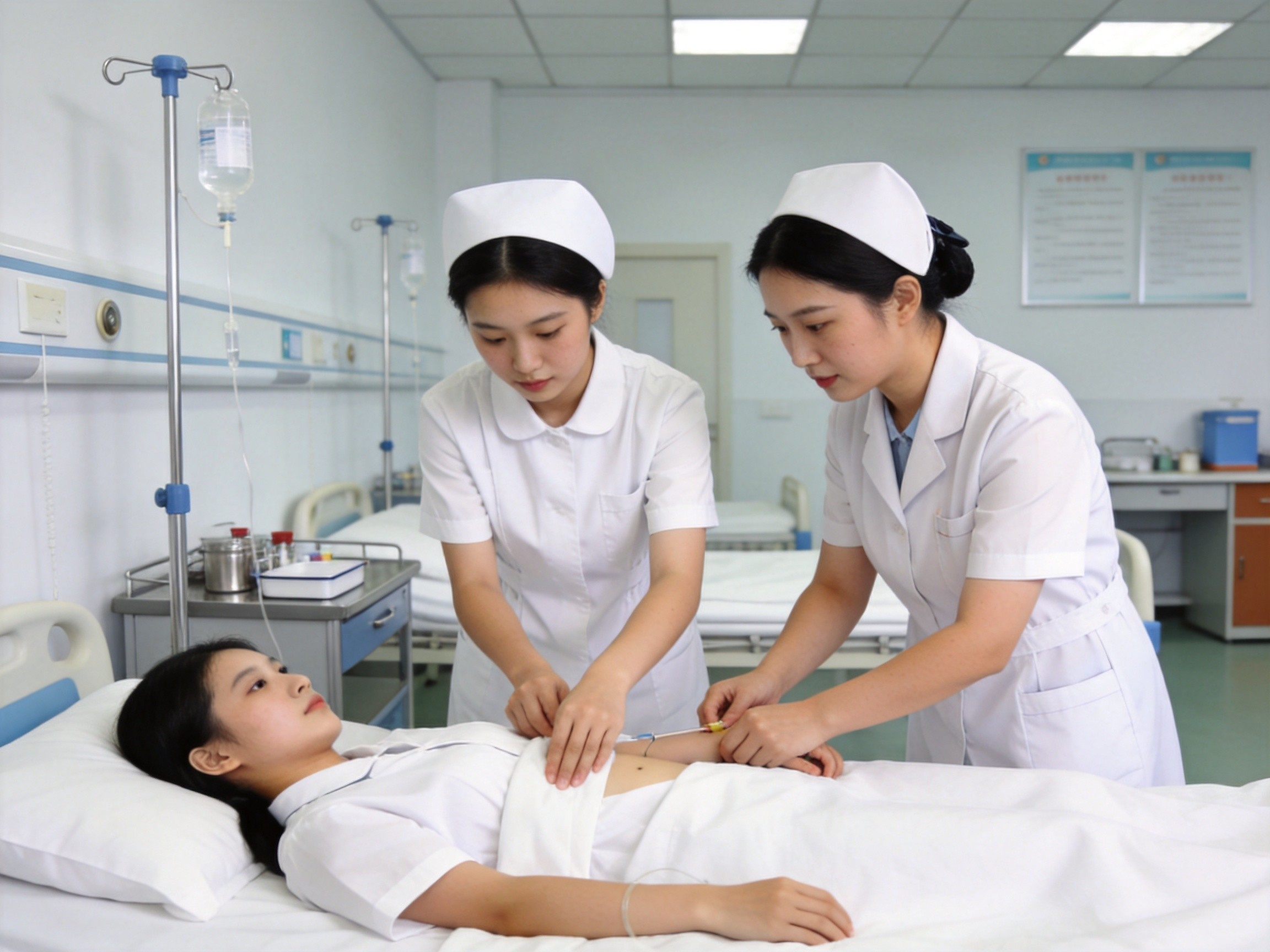 中职护理专业学生在模拟病房进行静脉注射实操训练