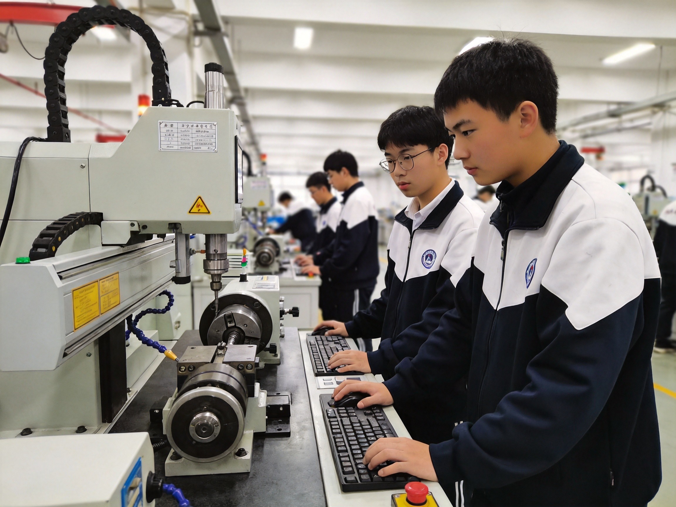 中职学生围着工业机器人设备讨论图纸