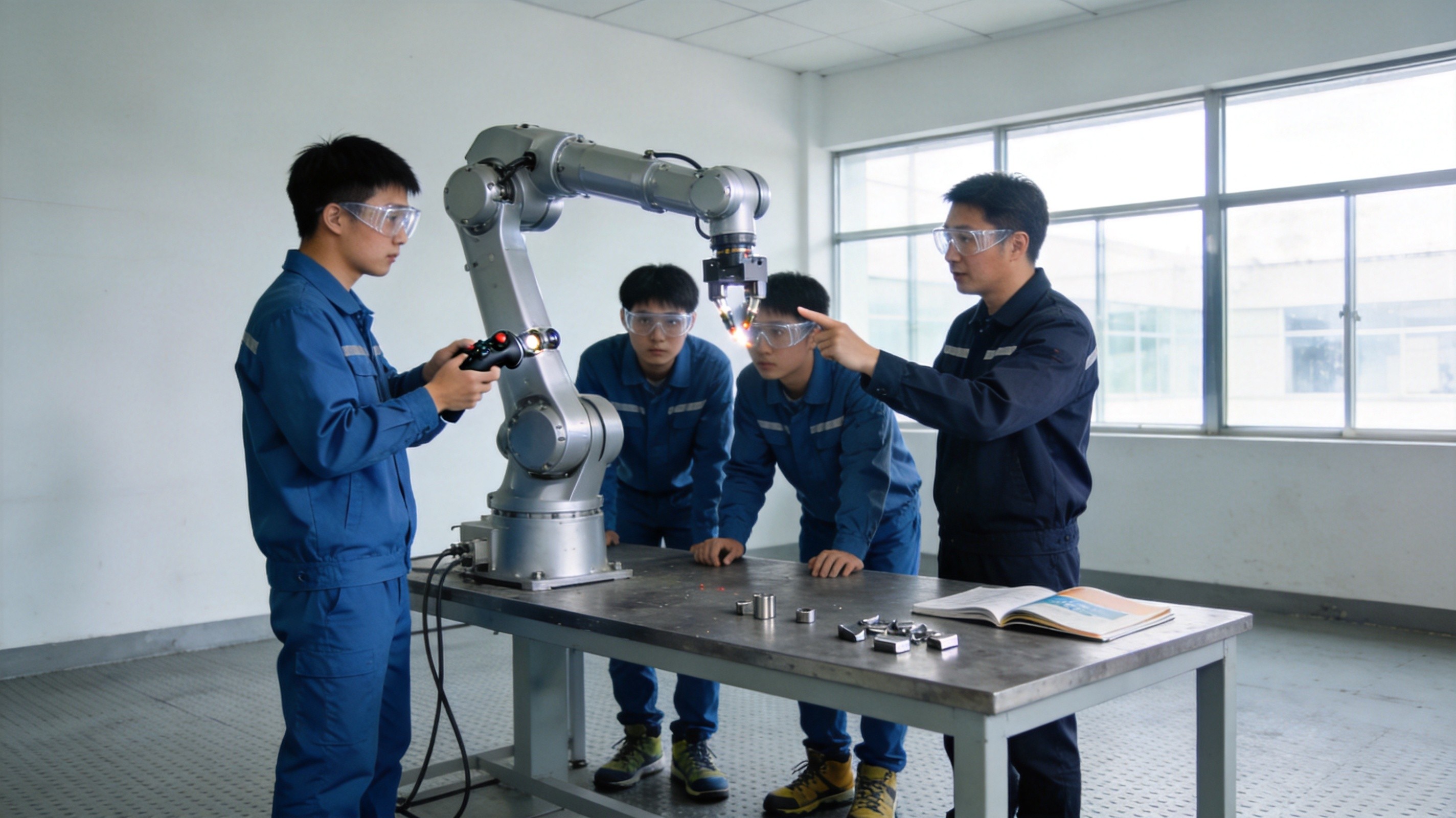 老师指导学生操作机器人