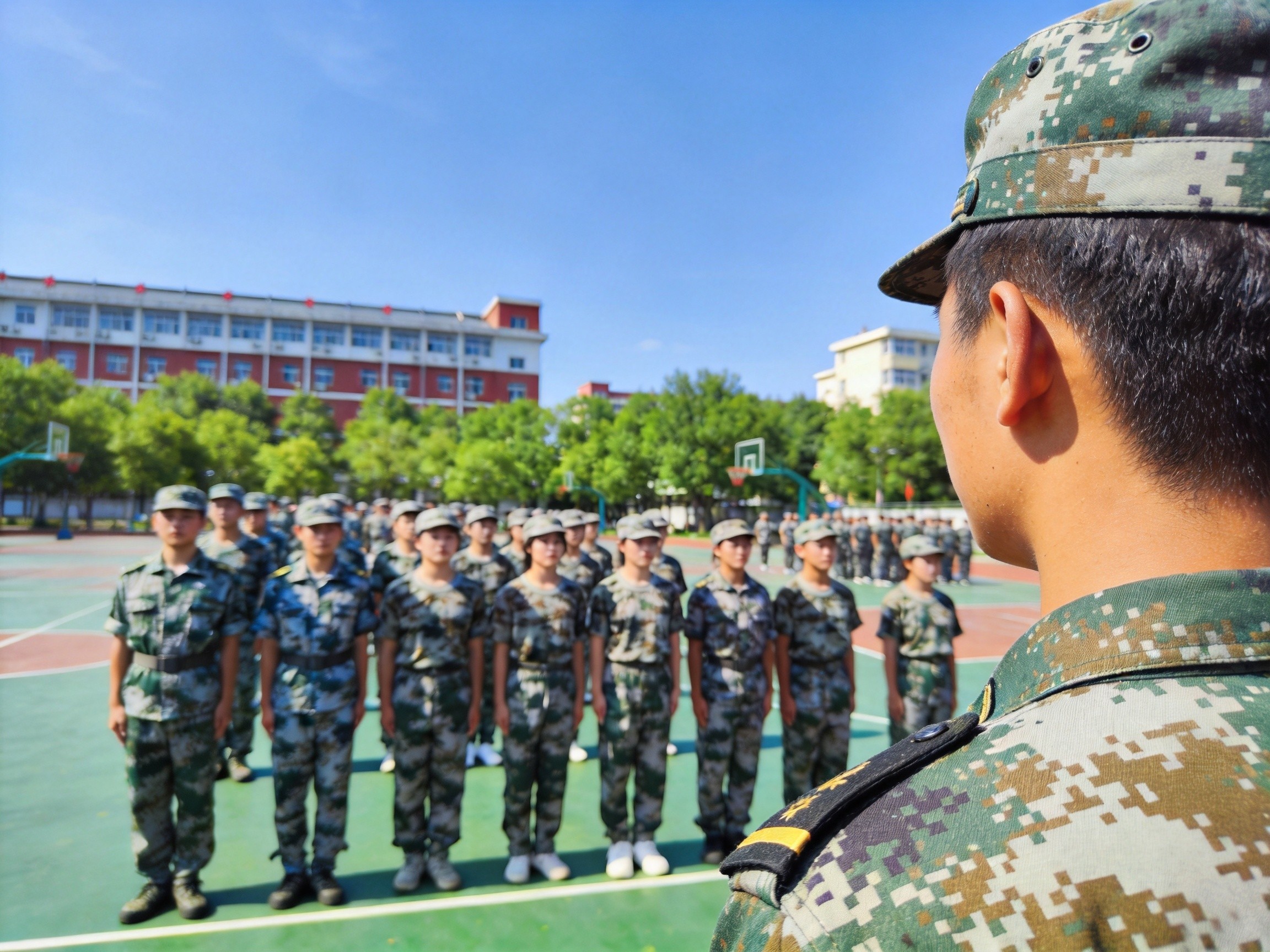 技工院校新生在操场上进行军训列队训练