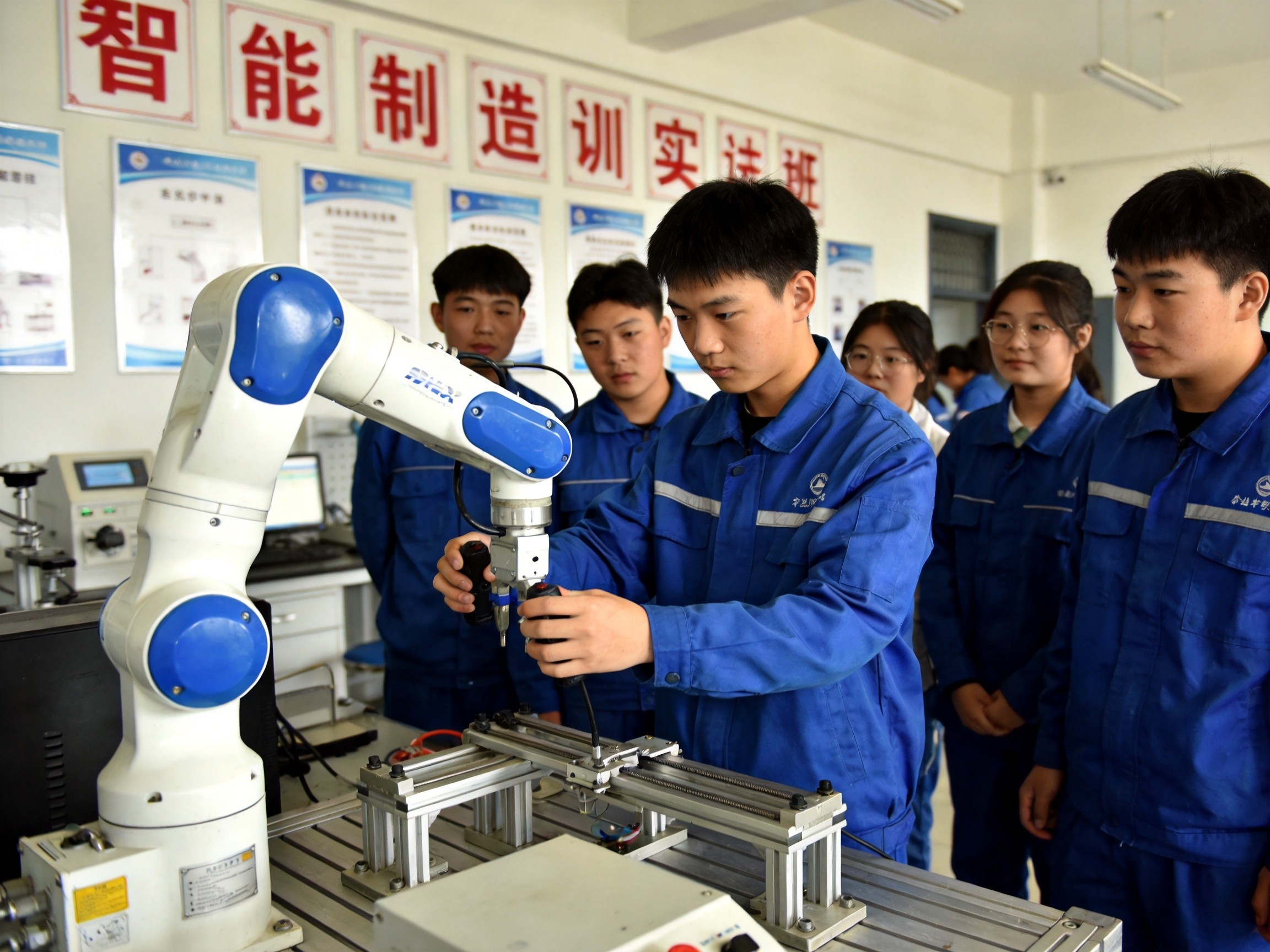 广州某中职院校学生实训室操作人工智能机器人