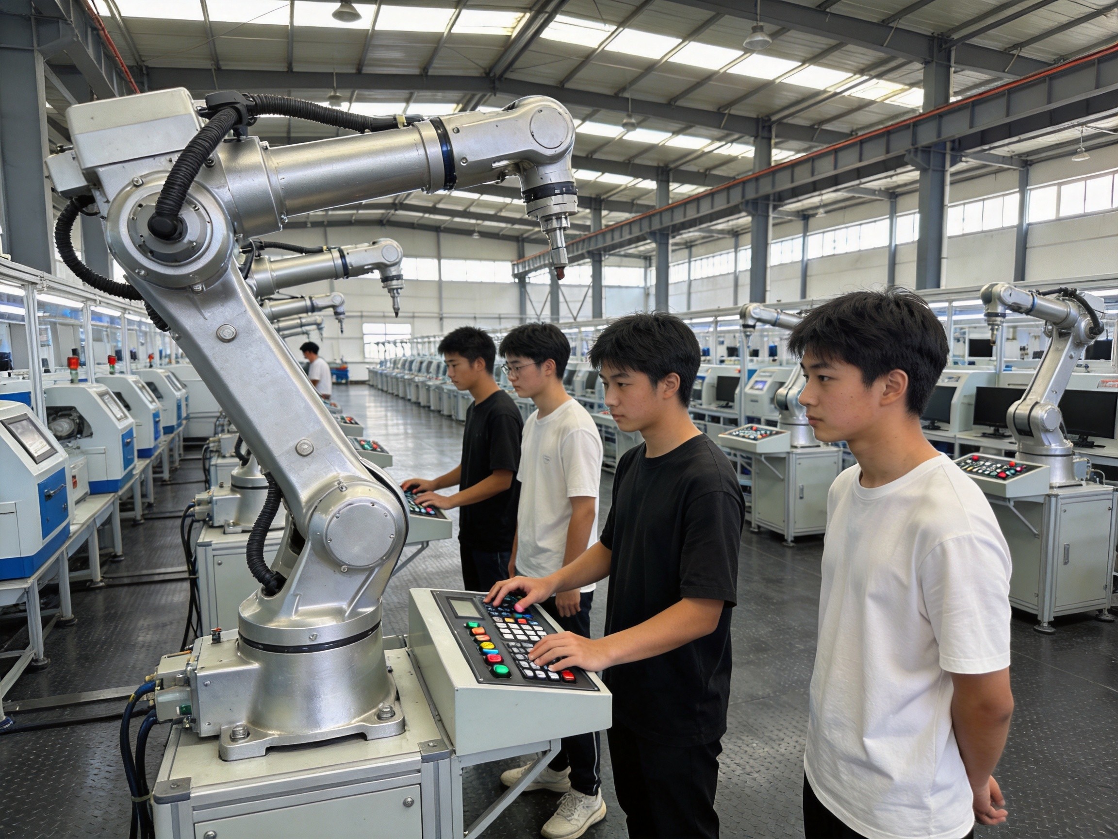 学生操作工业机器人