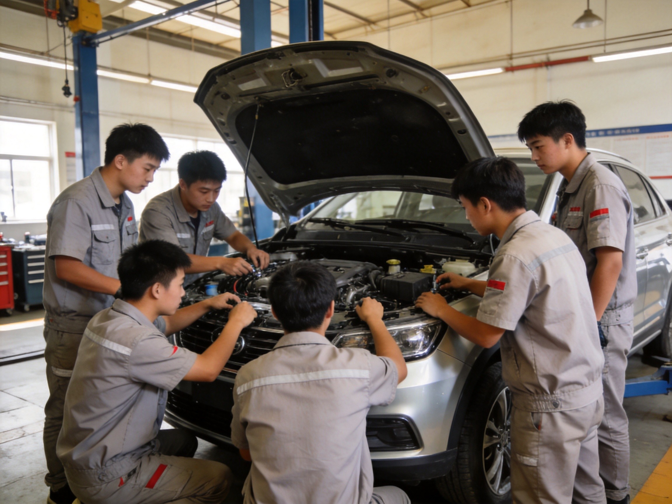 学生团队协作维修汽车