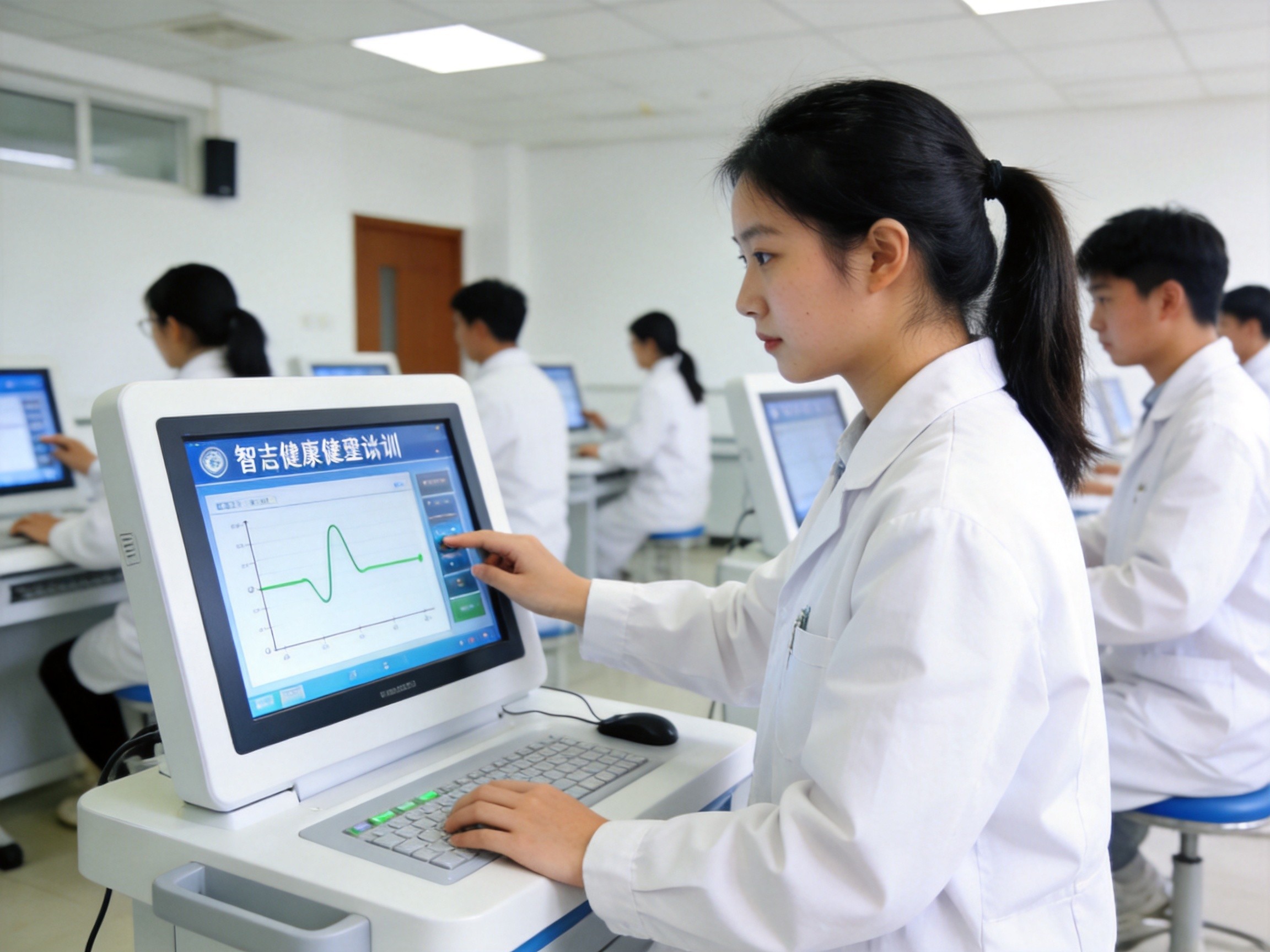 中职学生在智慧康养实训室学习使用智能健康监测设备