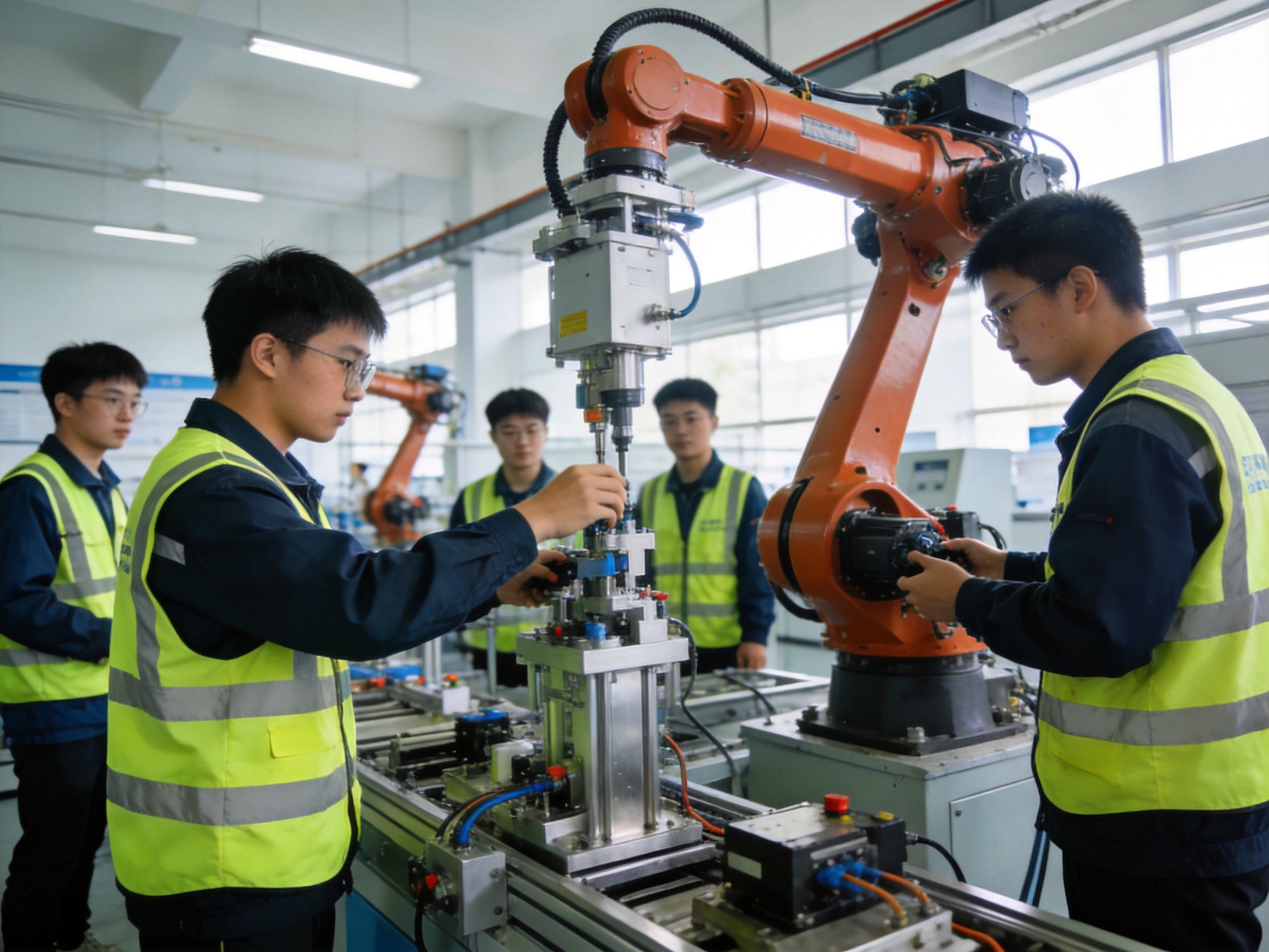 学生在实训室操作工业机器人