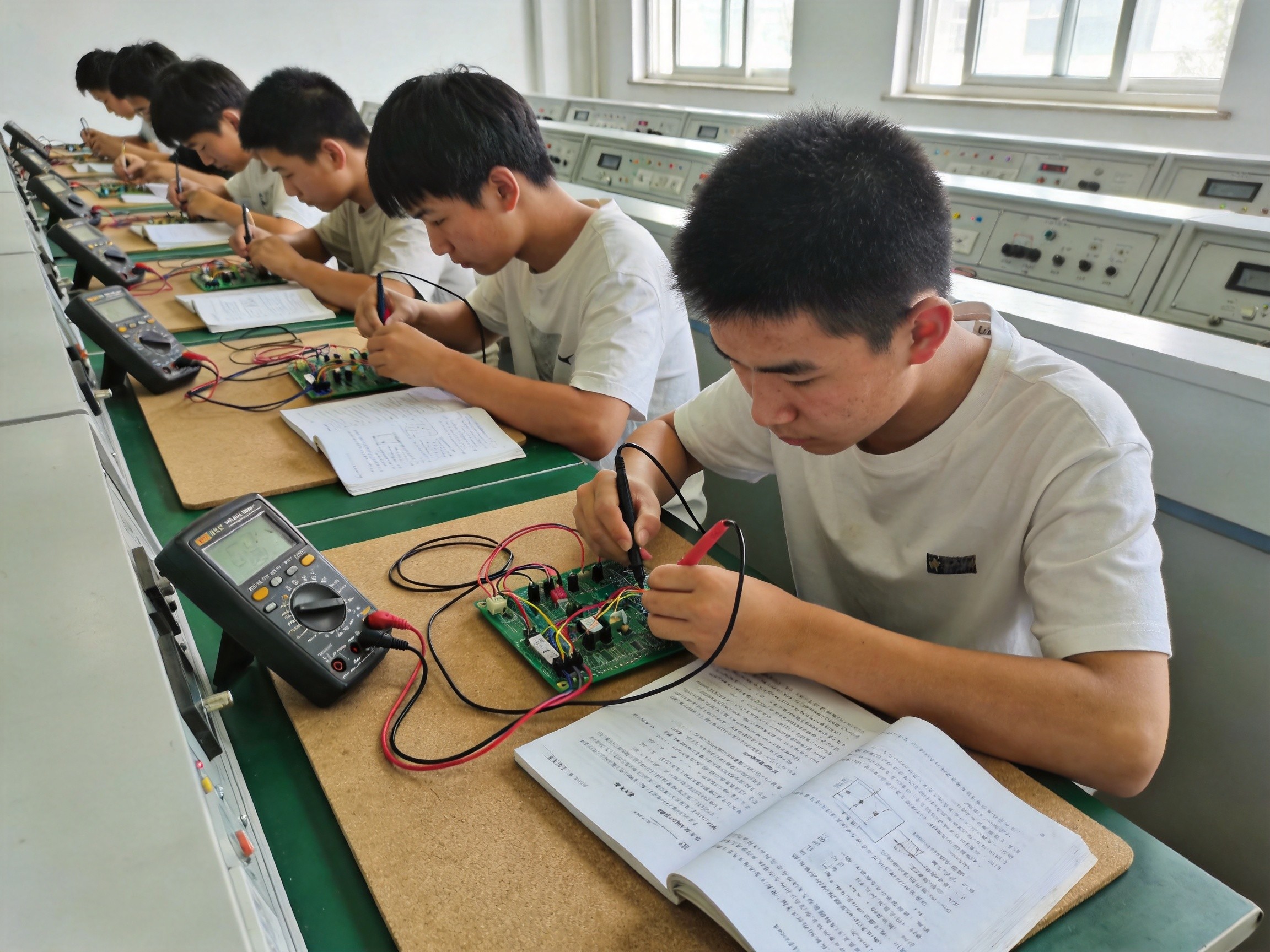 学生在电工电子实训室