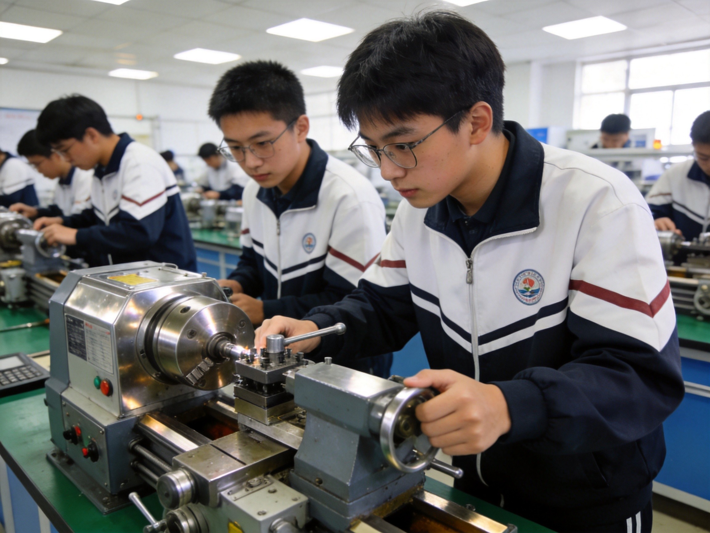中本贯通班学生在一体化实训台前操作机械设备