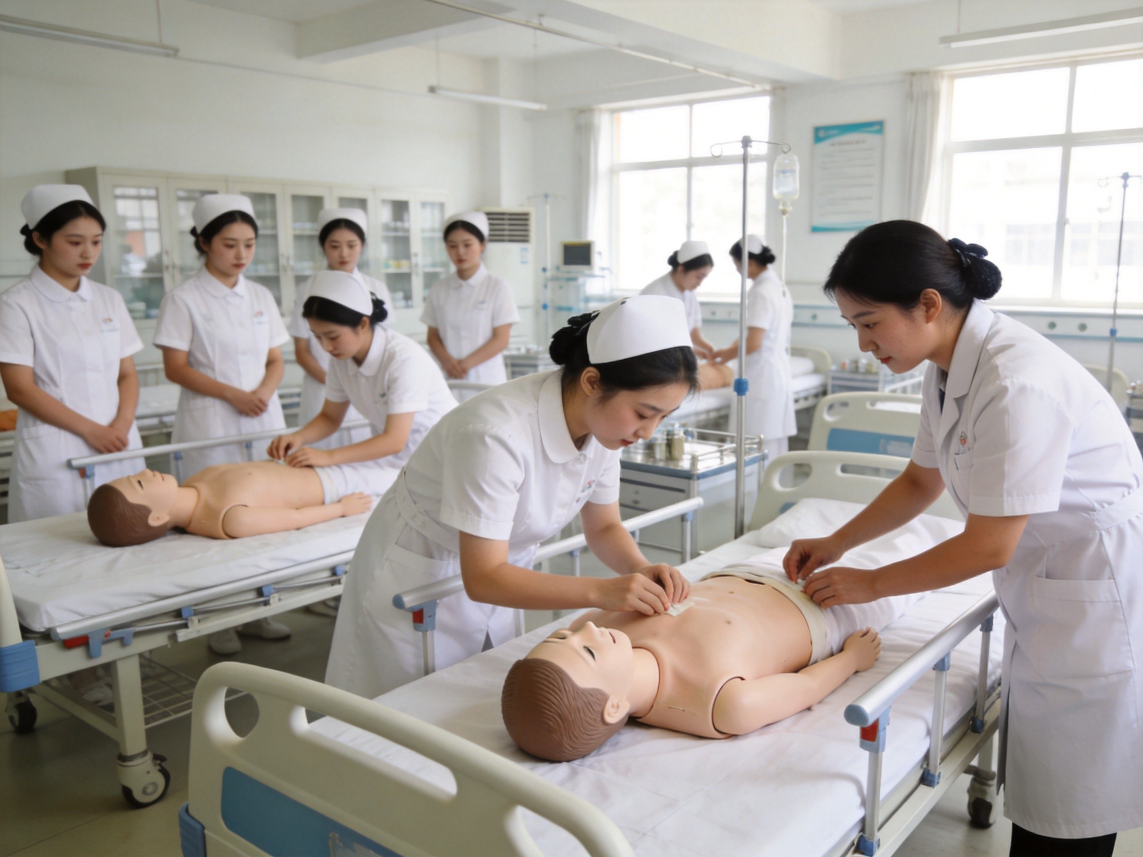 护理学生在实训模型上练习操作